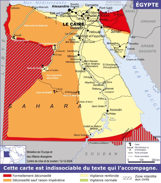 Carte de sécurite des zones à privilégier e Égypte, actualisée en 2025